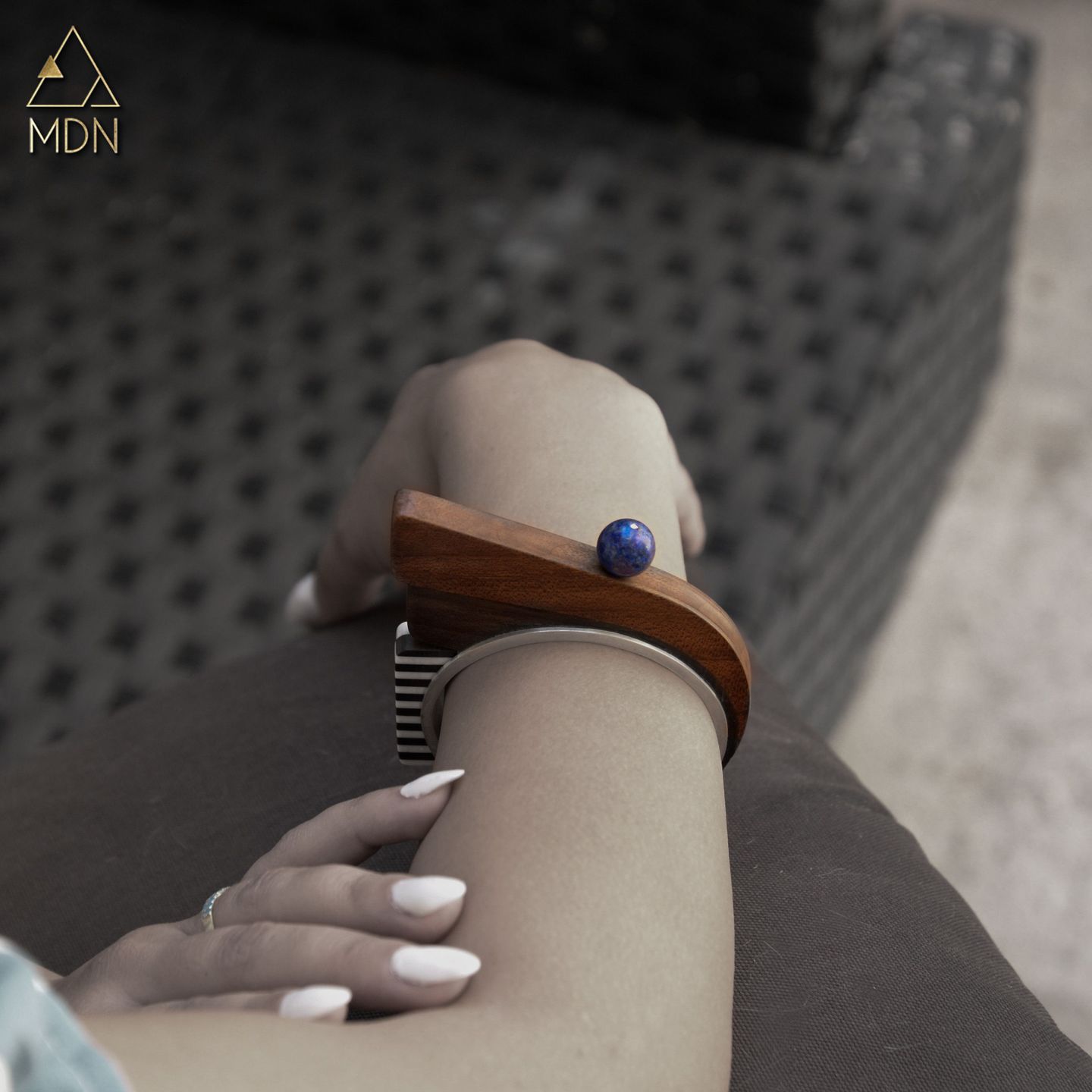 Bracelet with wood and blue stone mosaic inlay detail