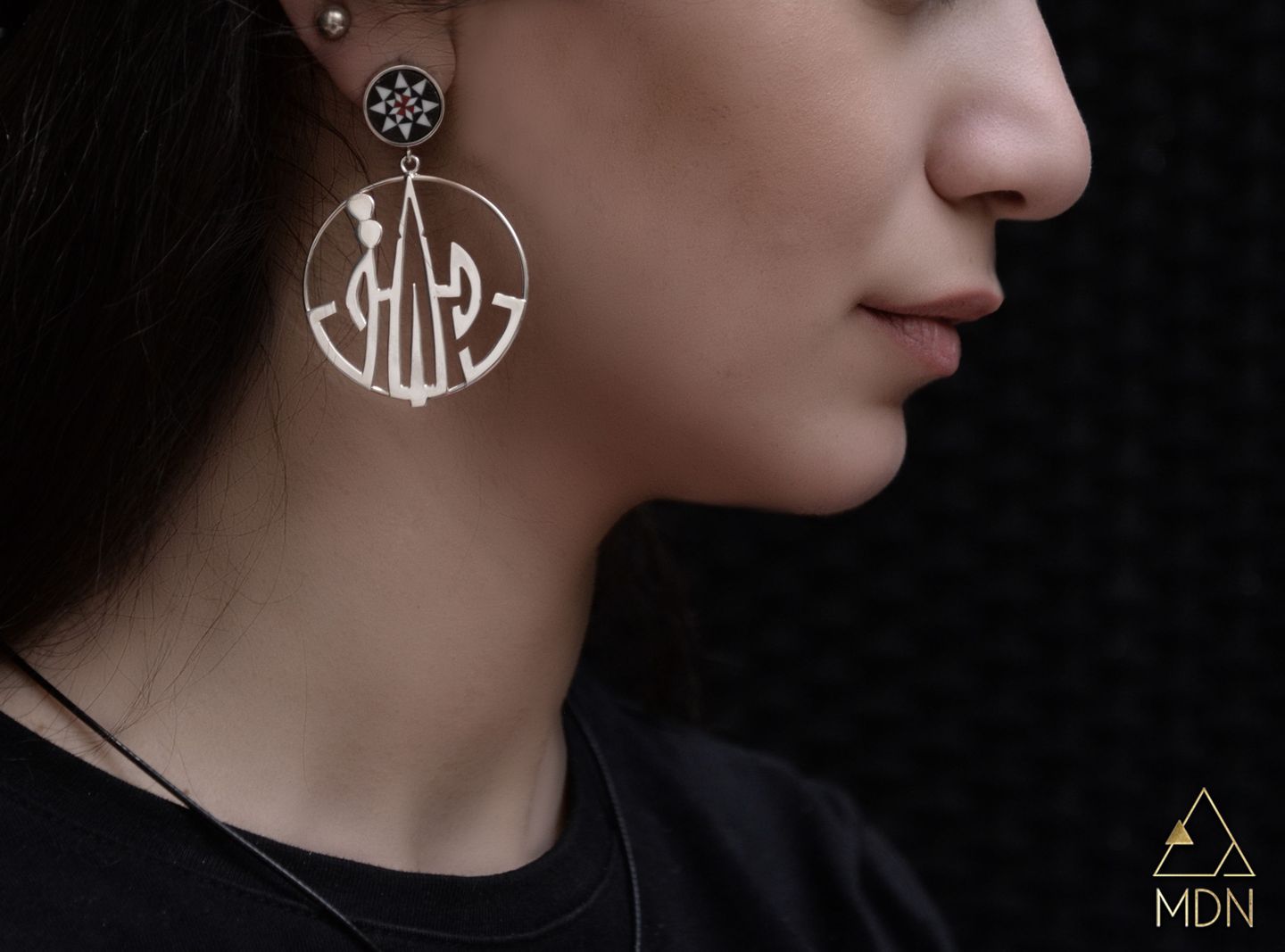 Pair of earrings with geometric circular pattern worn on person.