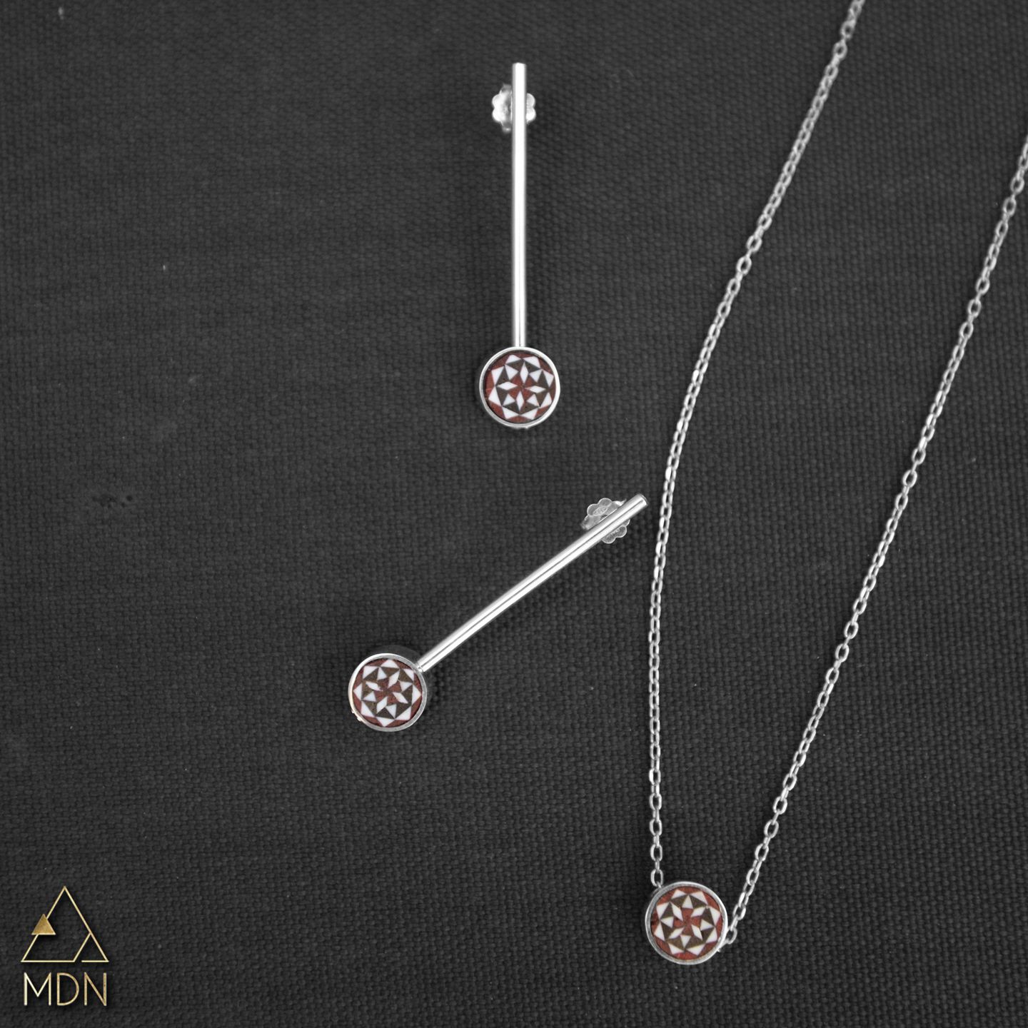 Necklaces with silver-toned circular mosaic pendants