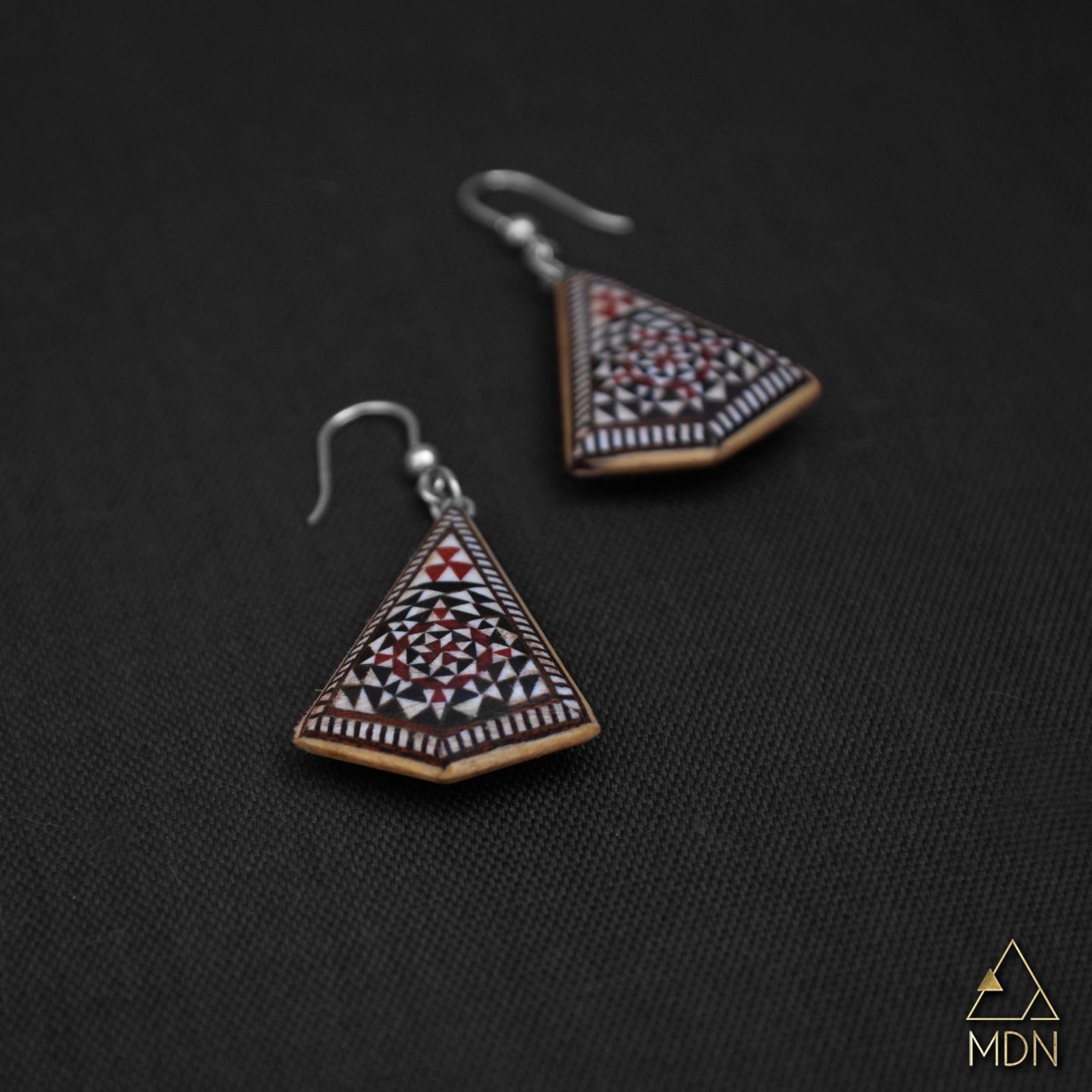 Drop earrings with wood mosaic inlay geometric pattern