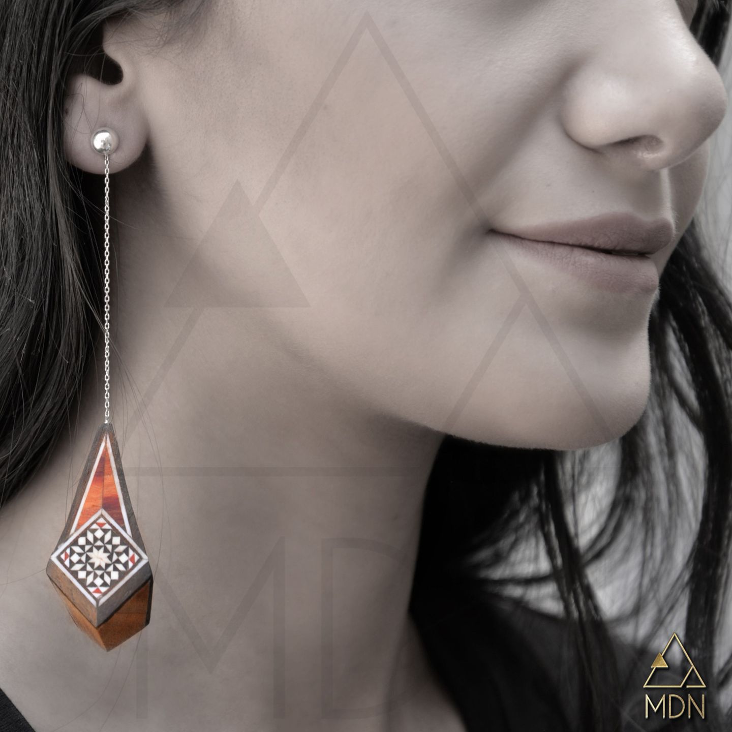 Drop earrings with wood mosaic inlay geometric pattern