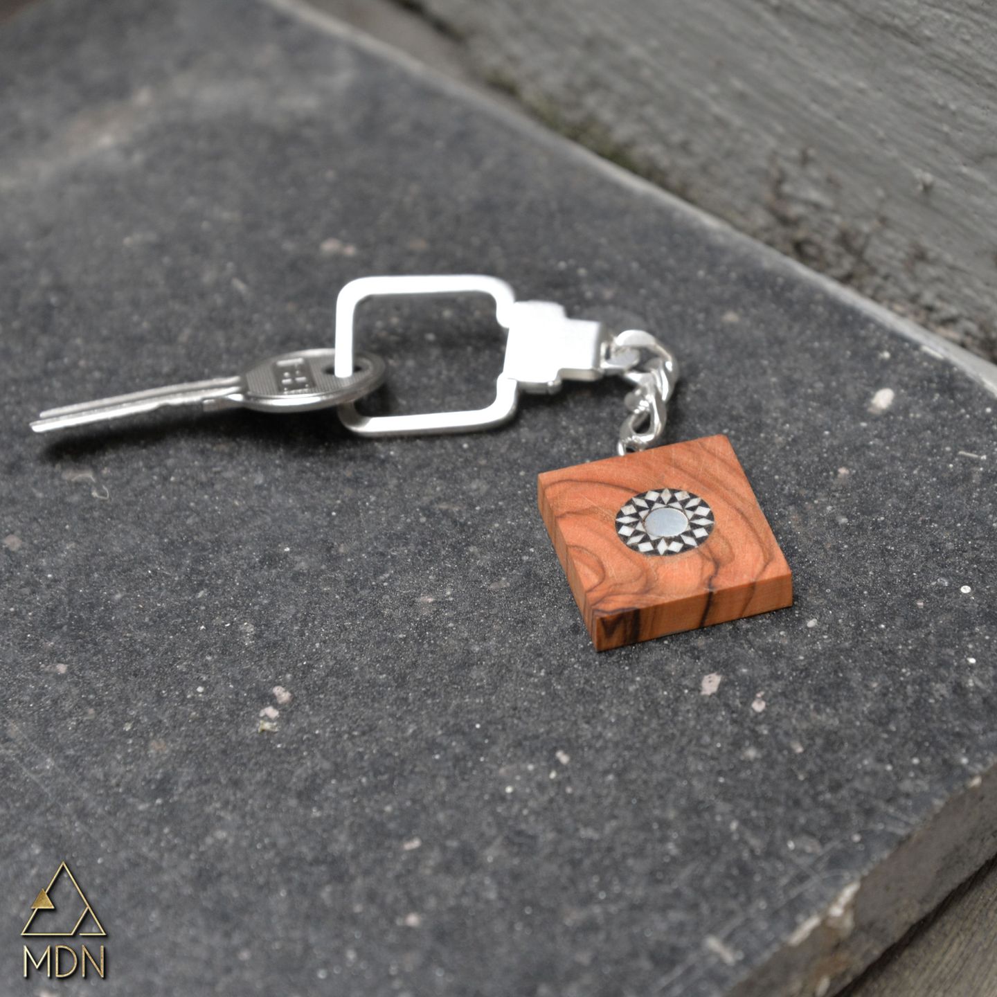 Keychain with wood mosaic inlay and geometric design