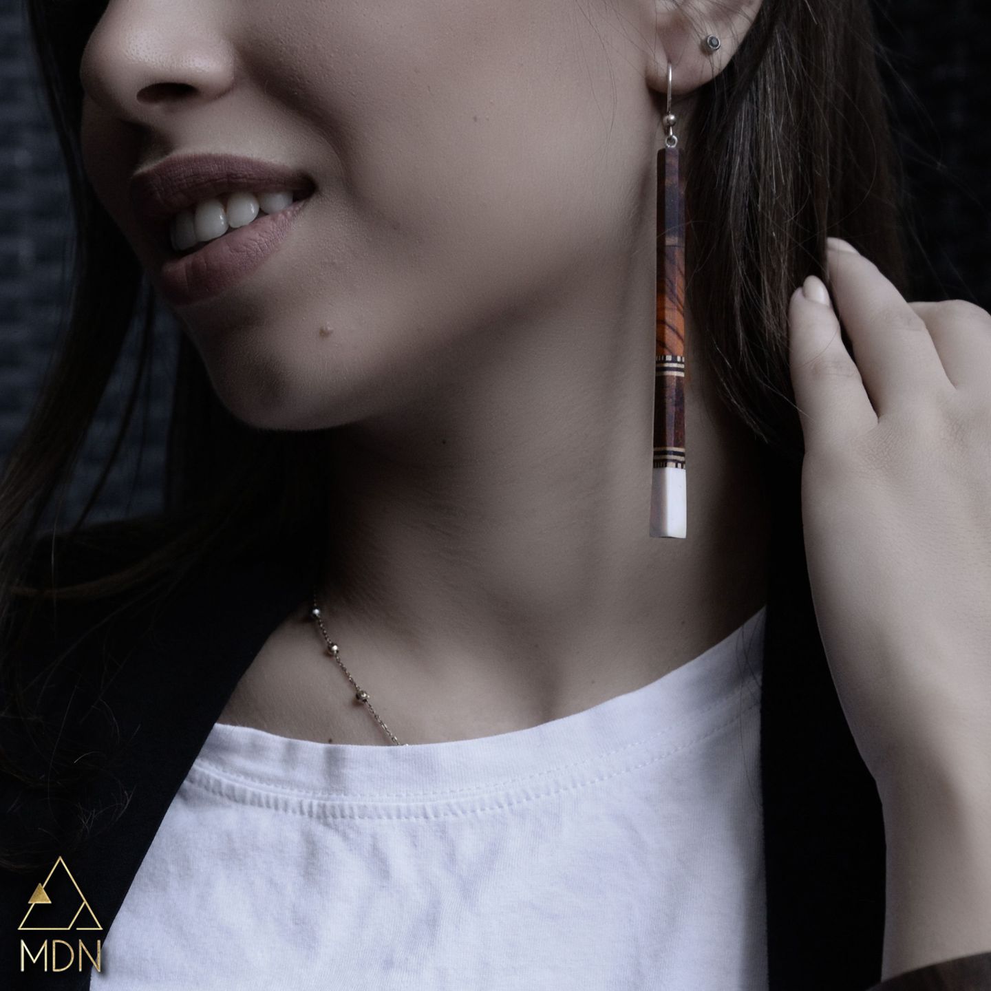 Drop earrings with wooden shaft and mosaic inlay
